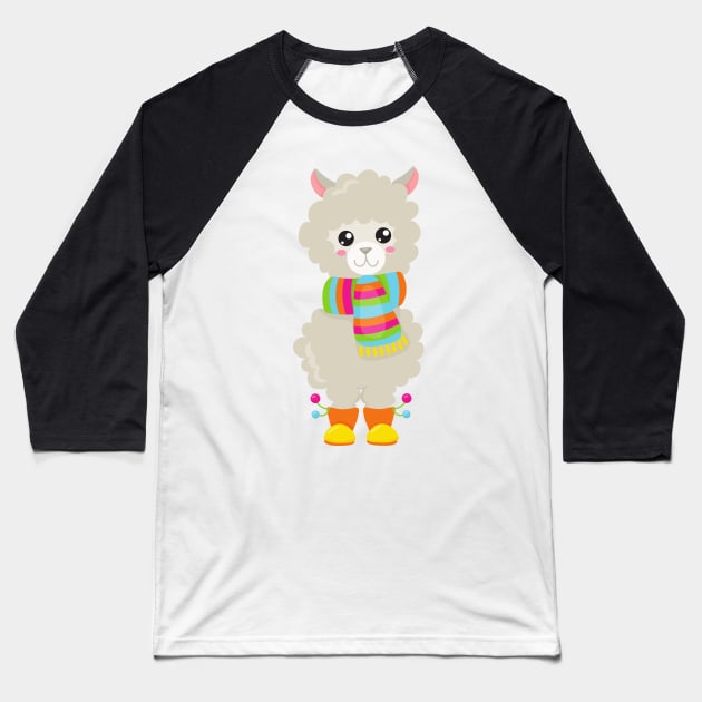 Cute Llama, Little Llama, Alpaca, Llama With Scarf Baseball T-Shirt by Jelena Dunčević